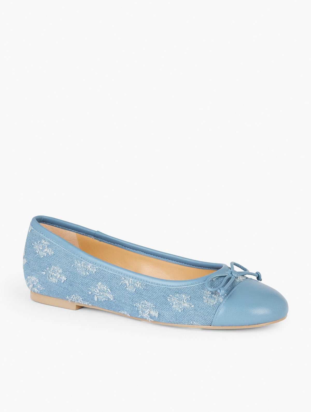 BLAIR CAP TOE BALLET FLATS - FLORAL EMBROIDERED DISTRESSED DENIM
