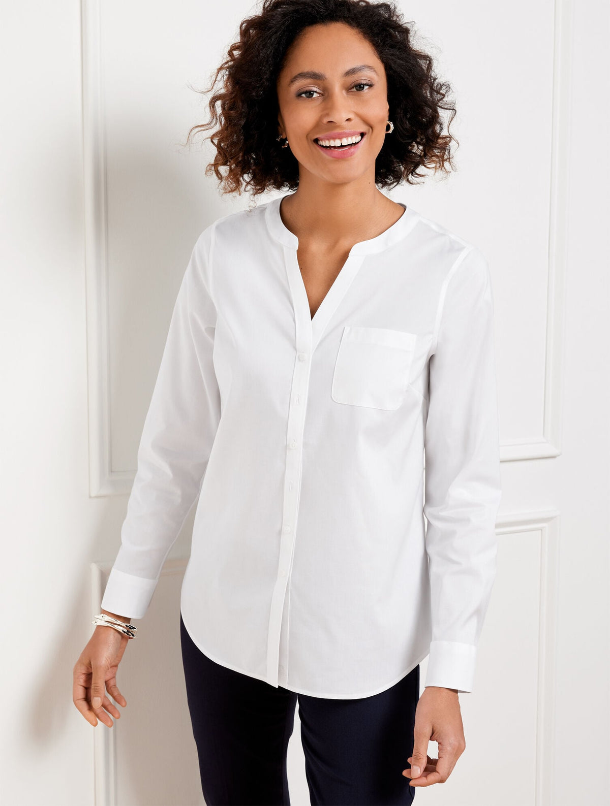 NON-IRON BAND COLLAR BUTTON FRONT SHIRT