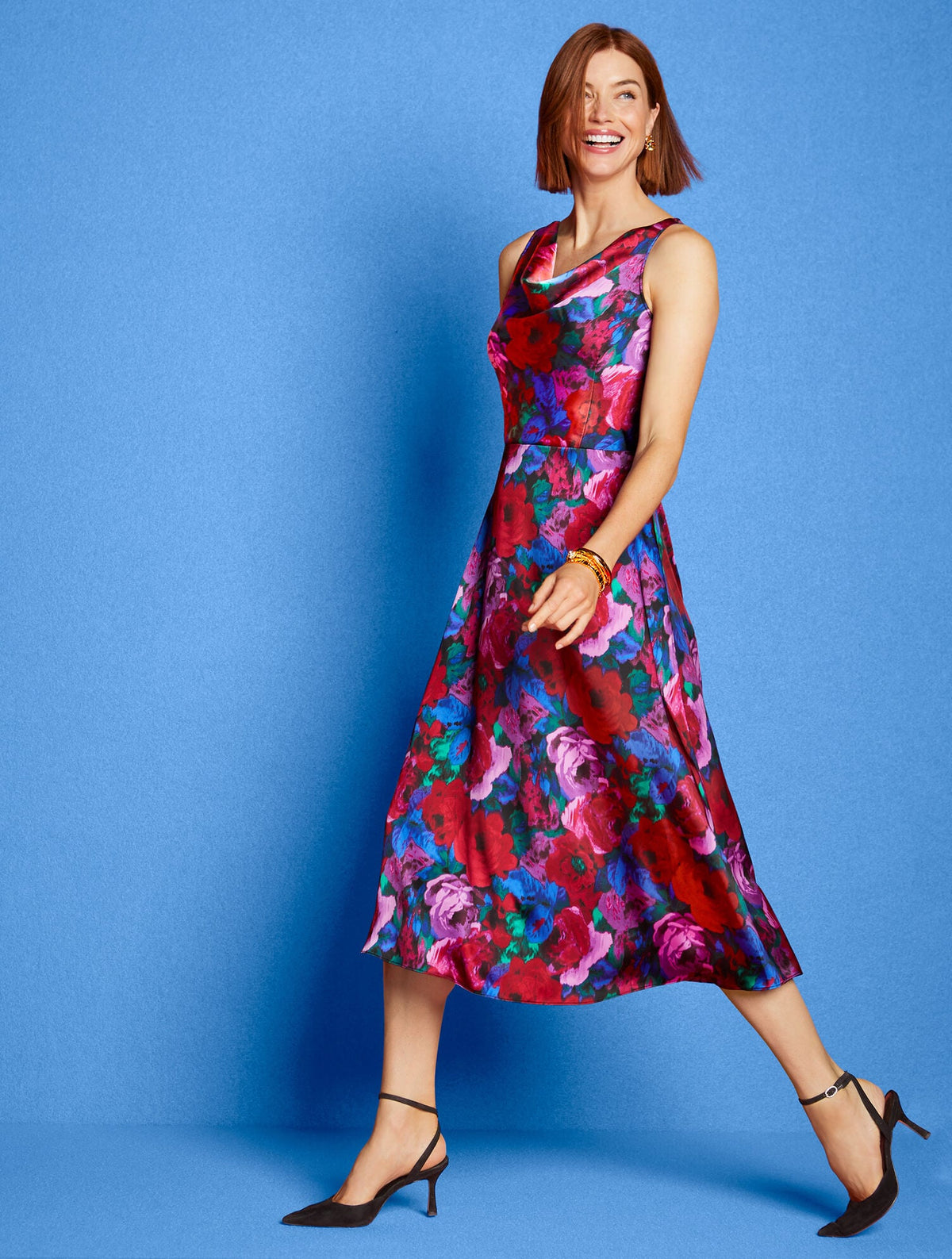 SATIN COWL-NECK DRESS - WRAPPED FLORAL