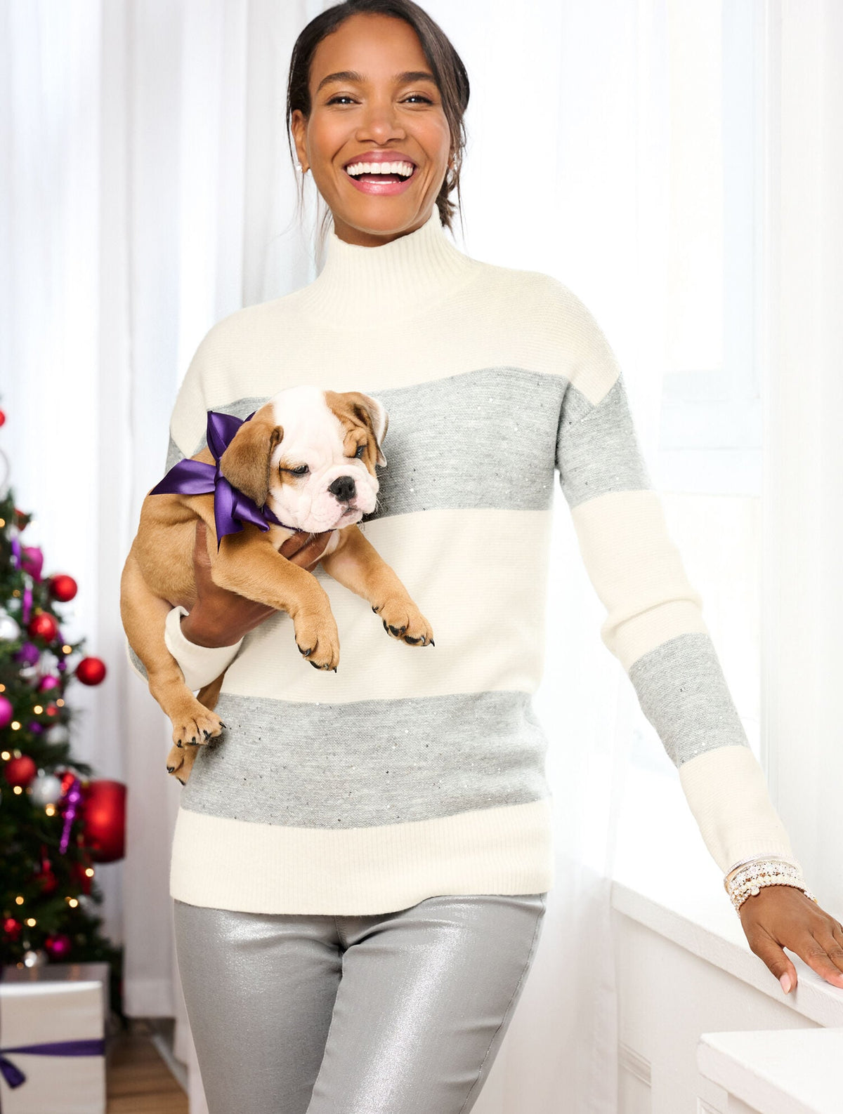 WOOL BLEND TURTLENECK SWEATER - SEQUIN STRIPE