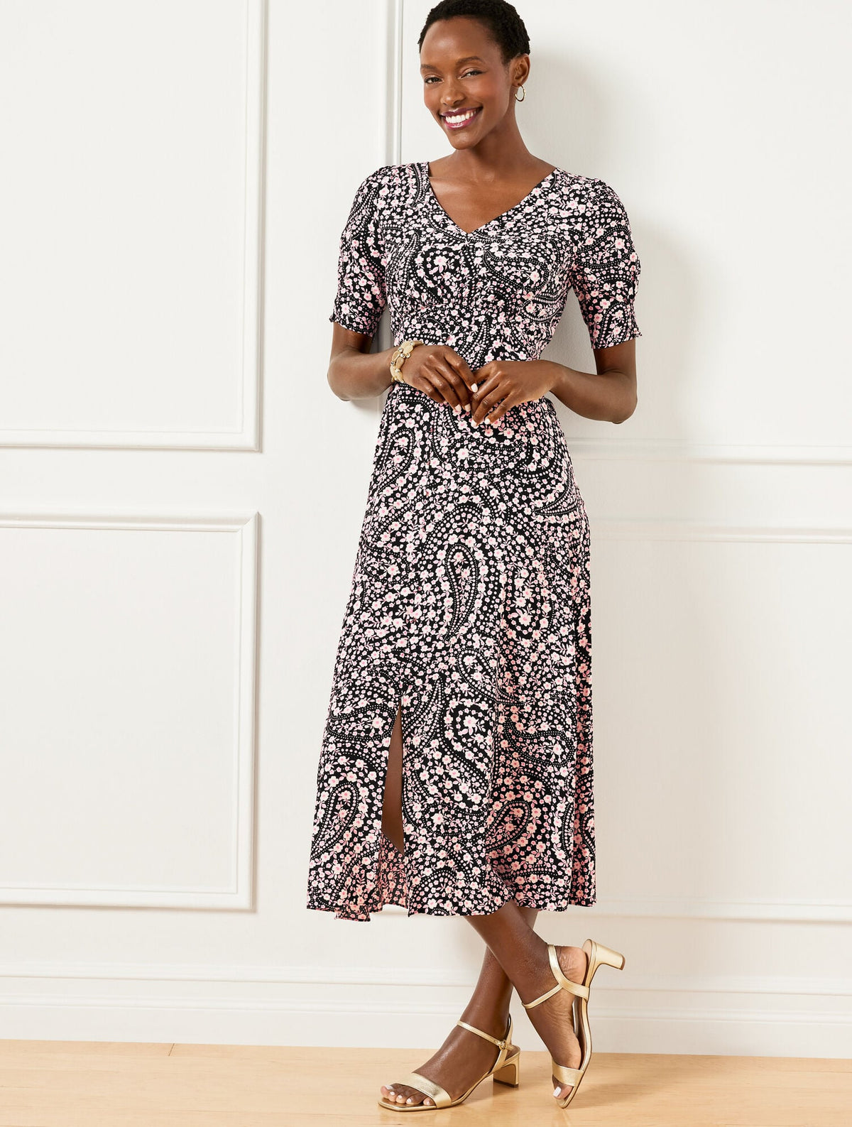 SMOCKED SLEEVE MIDI DRESS - FLORAL PAISLEY