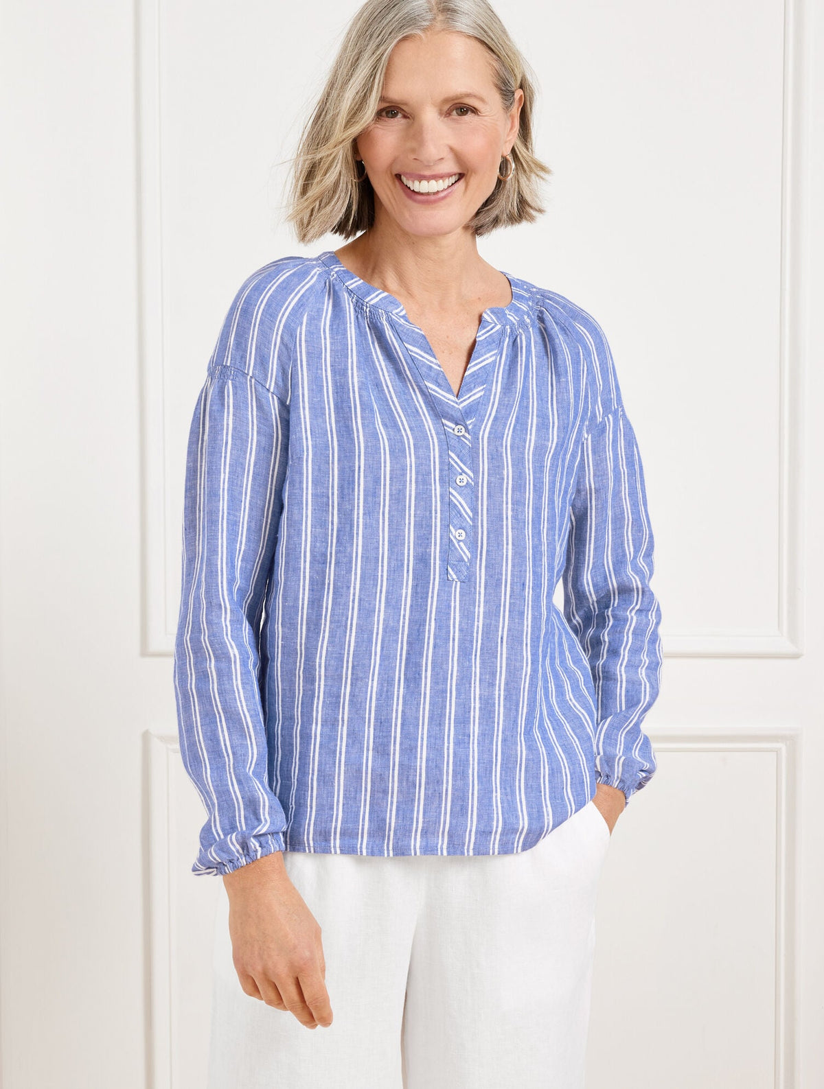 LANTERN SLEEVE LINEN TOP - PETAL STRIPE