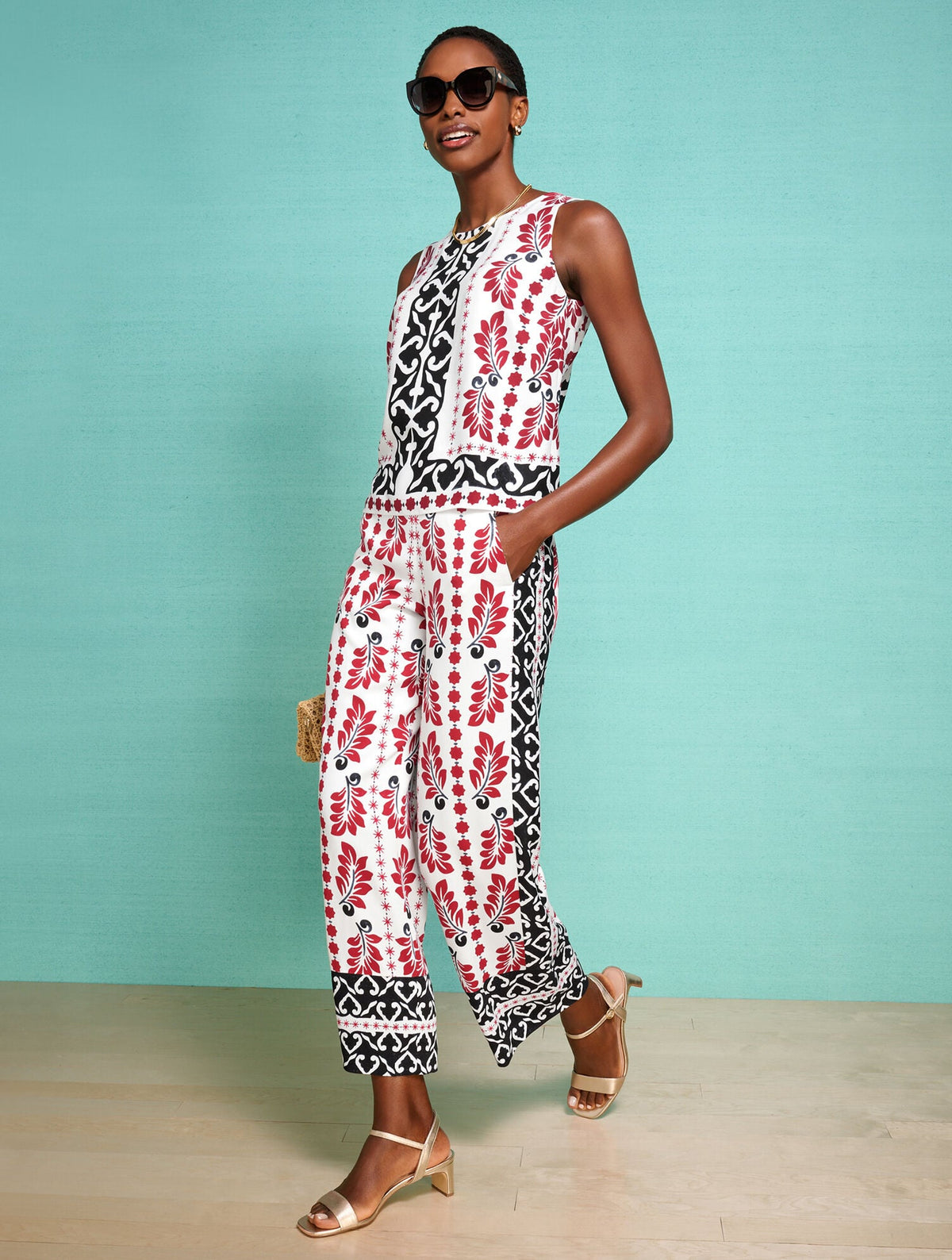 WIDE CROP PULL-ON PANTS - GEOMETRIC PALM