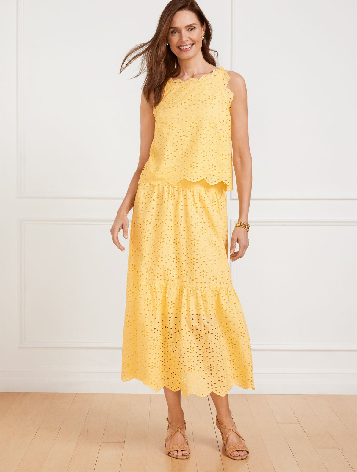 FLORAL DIAMOND EYELET FLOUNCE MIDI SKIRT