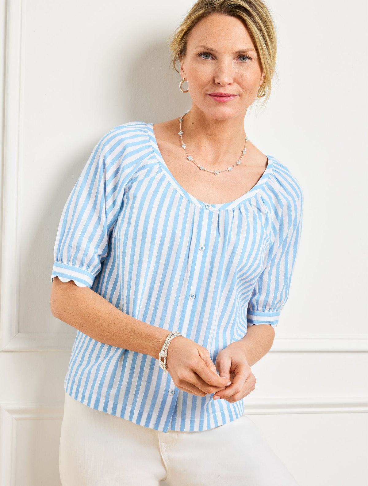 METALLIC BUTTON FRONT TOP - DELIGHTFUL STRIPE