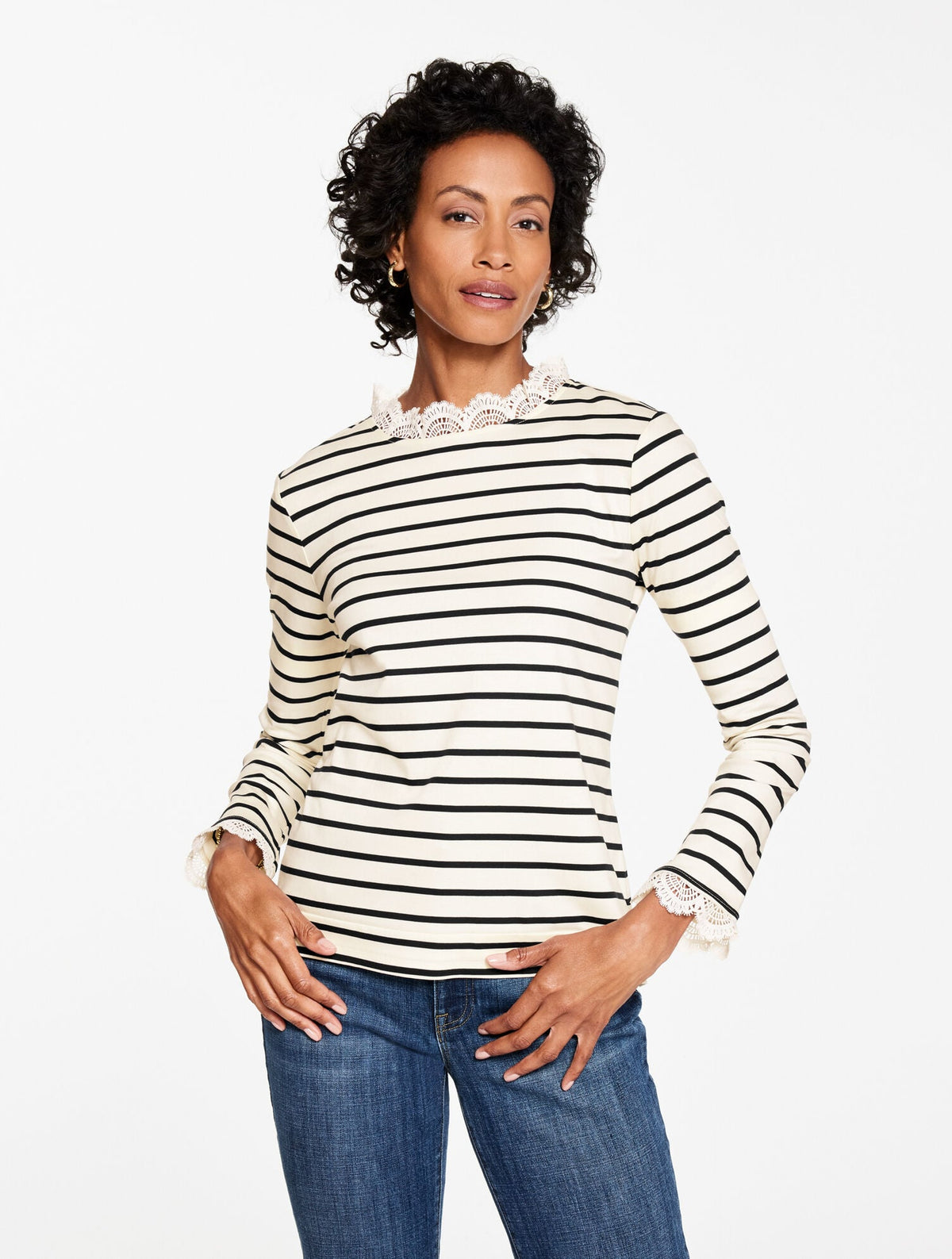 LACE TRIM CREWNECK TEE - SAYBROOK STRIPE