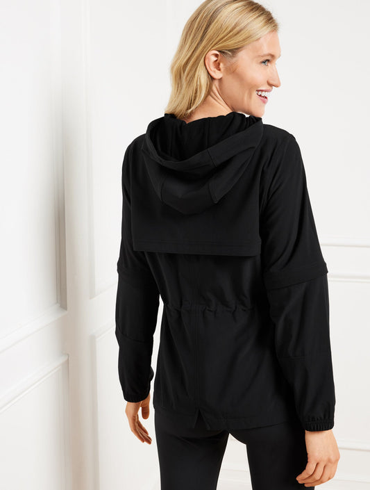 LIGHTWEIGHT WOVEN STRETCH HOODED CONVERTIBLE JACKET