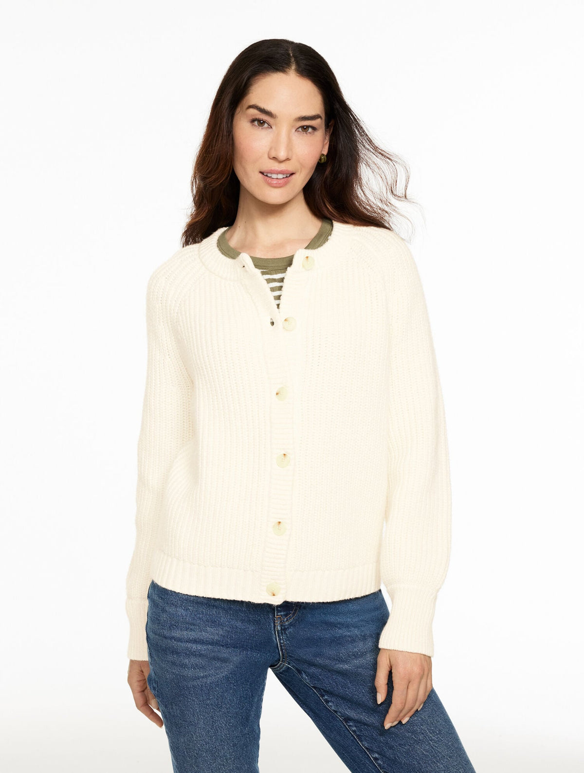 SHAKER STITCH CREWNECK CARDIGAN