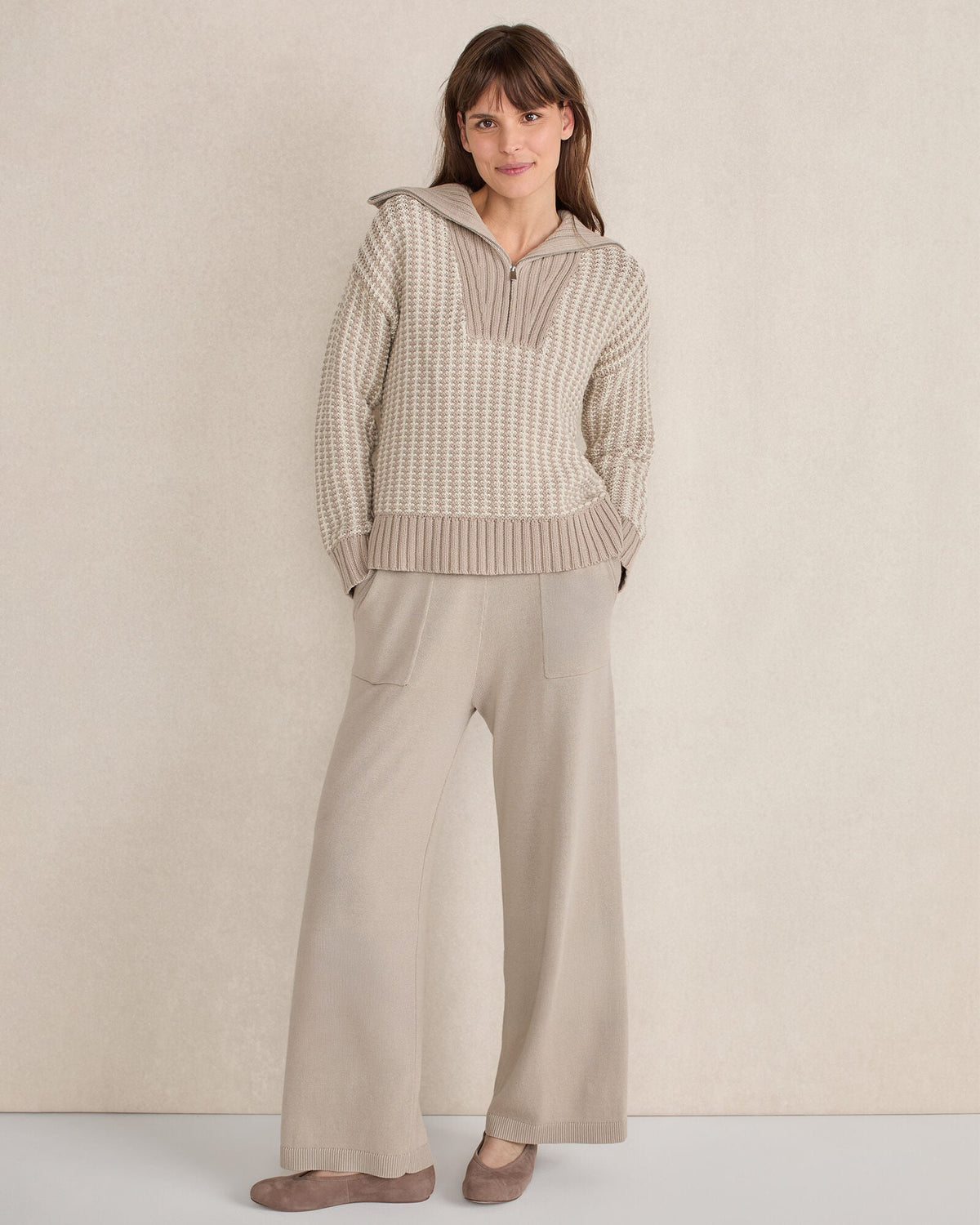 COTTON BLEND CONTRAST STITCH HALF ZIP SWEATER