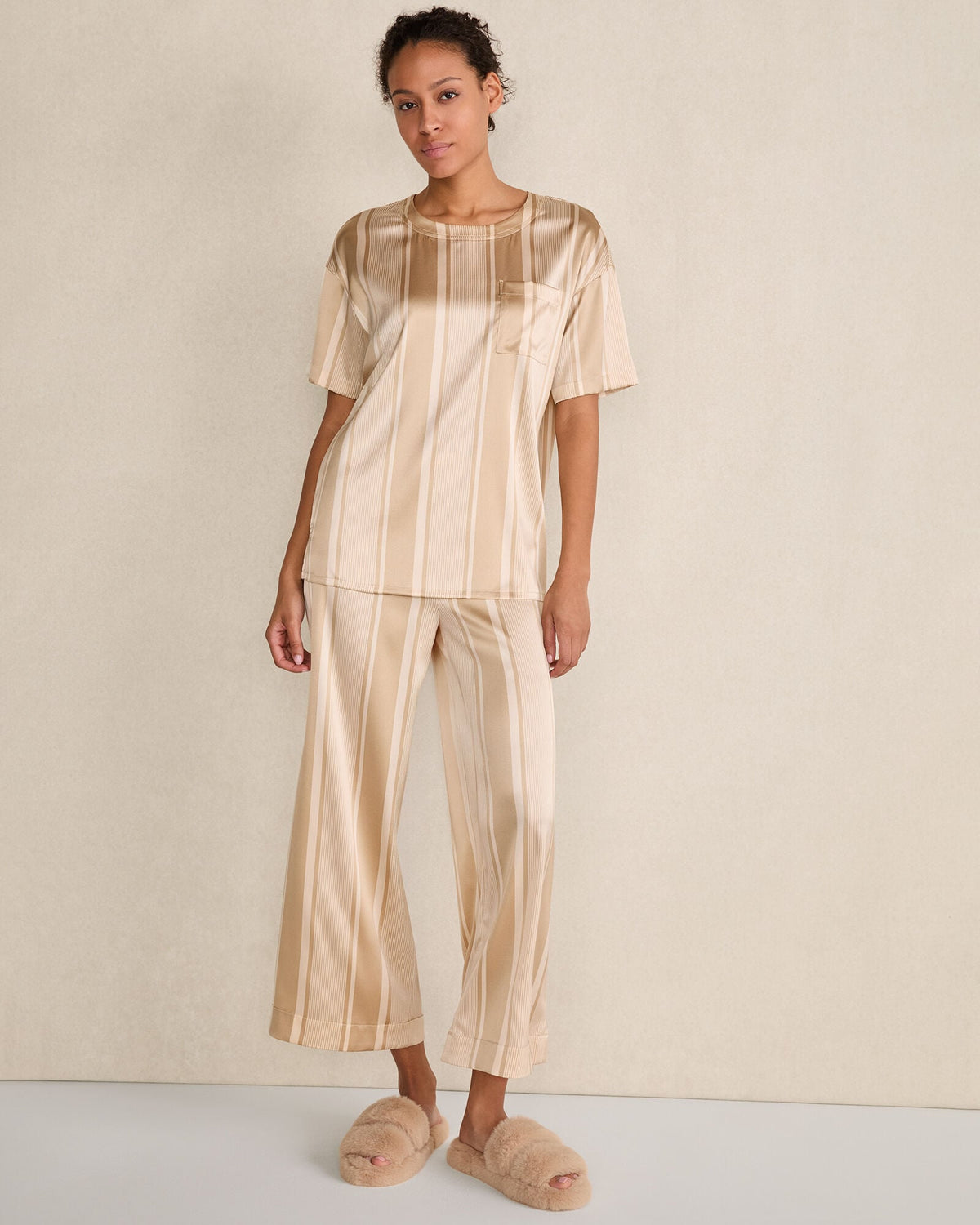WASHABLE SILK STRIPE DROP SHOULDER TEE