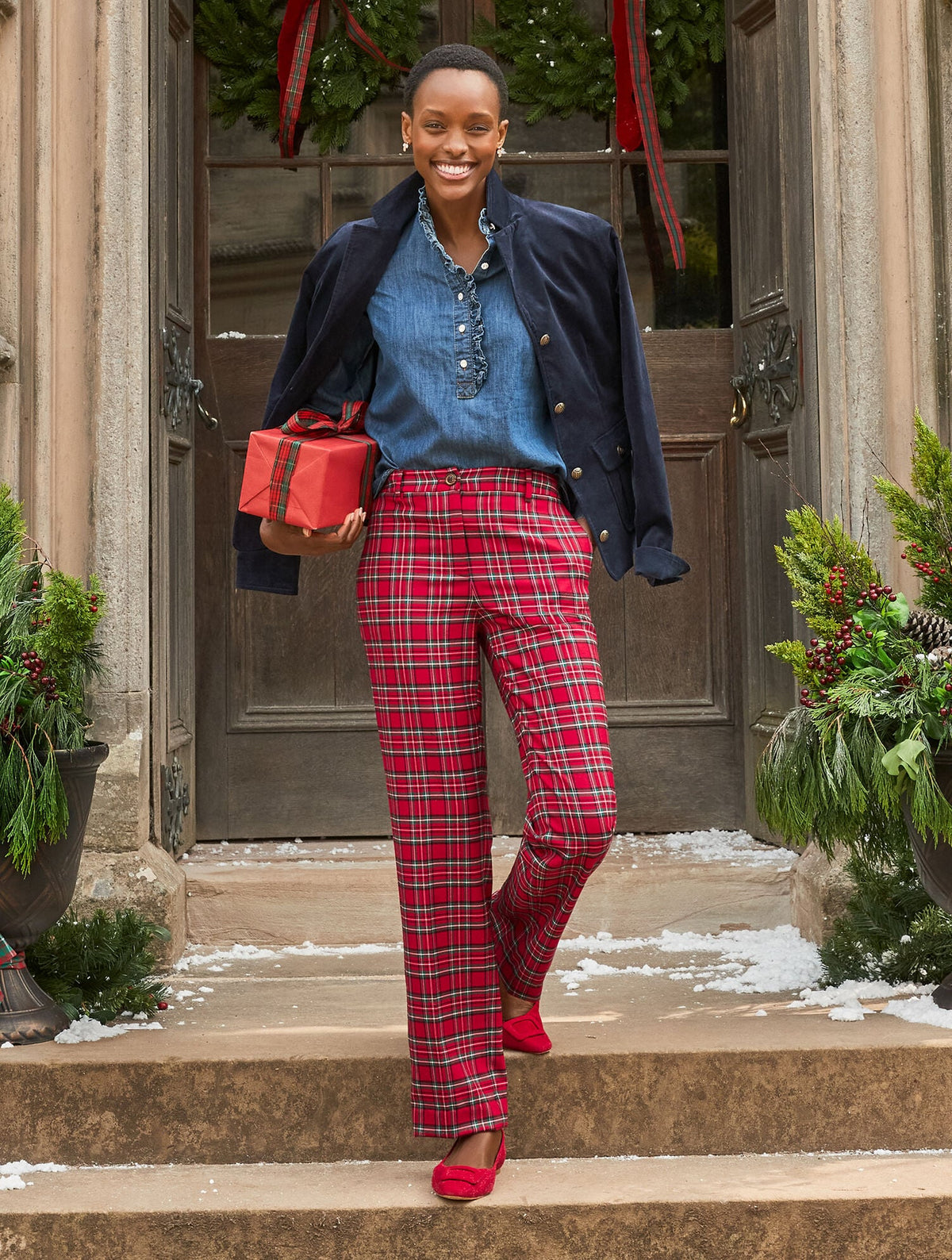 TALBOTS SOUTHAMPTON TAILORED STRETCH STRAIGHT LEG PANTS - CIDER PLAID