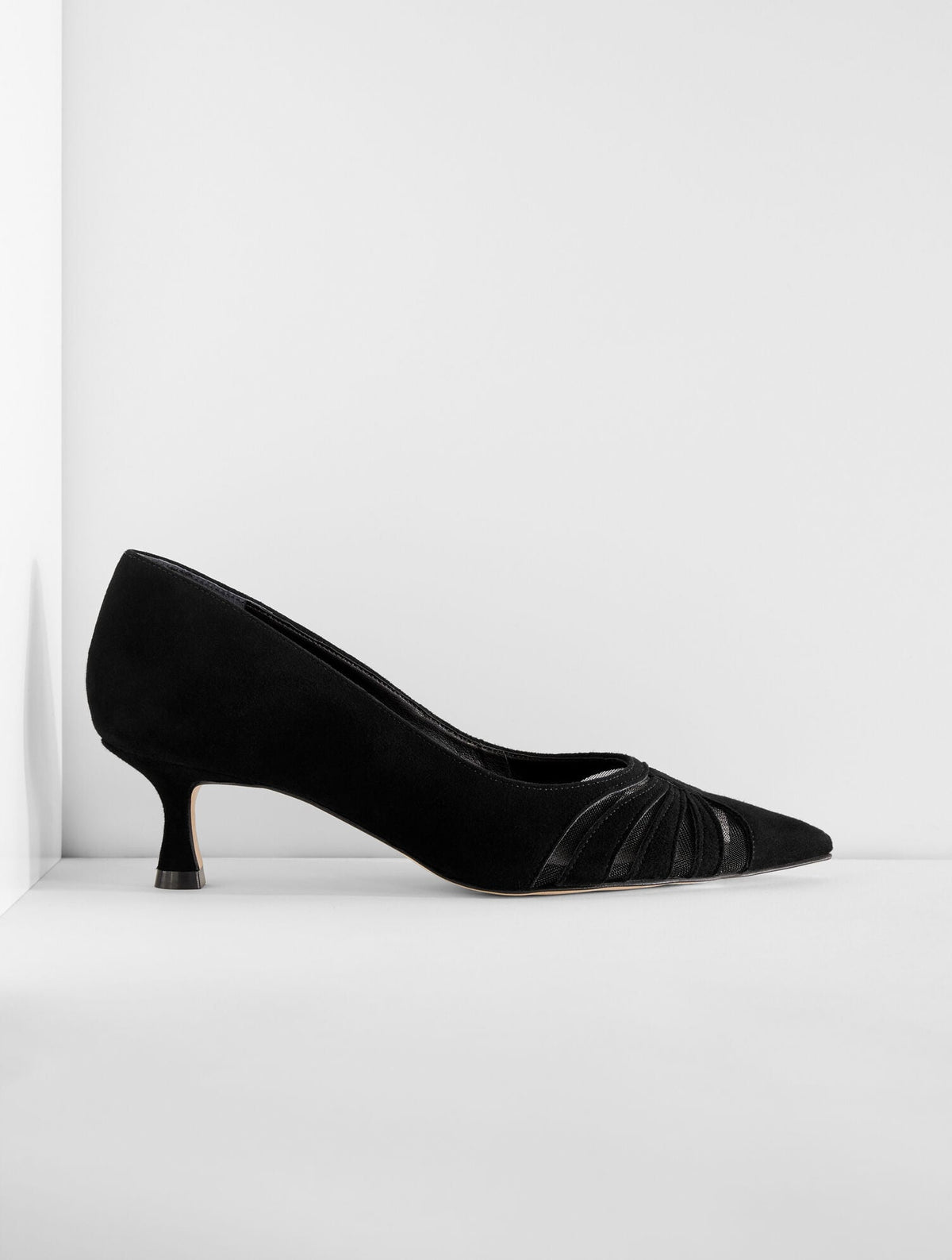 EMBER MESH SUEDE KITTEN HEEL PUMPS