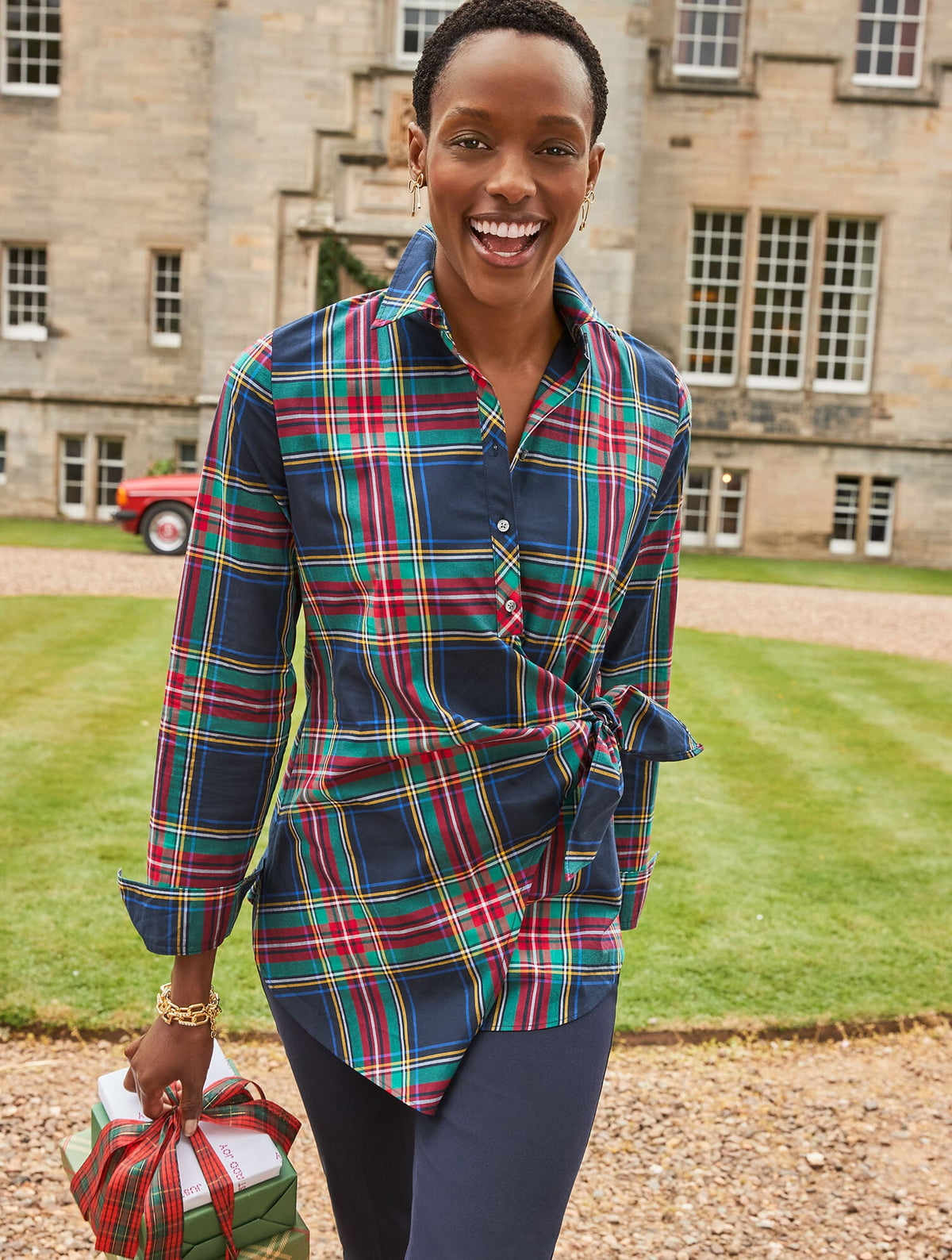 TIE FRONT POPLIN SHIRT - JOLLY TARTAN