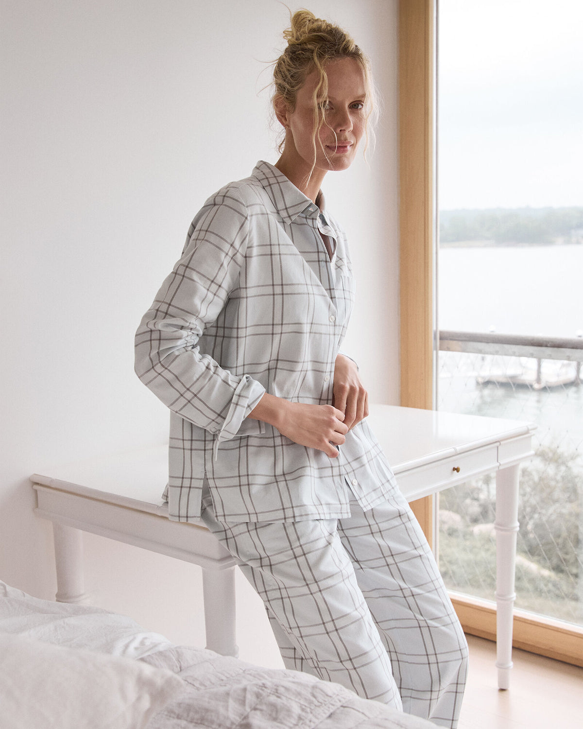LIGHTWEIGHT FLANNEL WINDOWPANE PAJAMA TOP