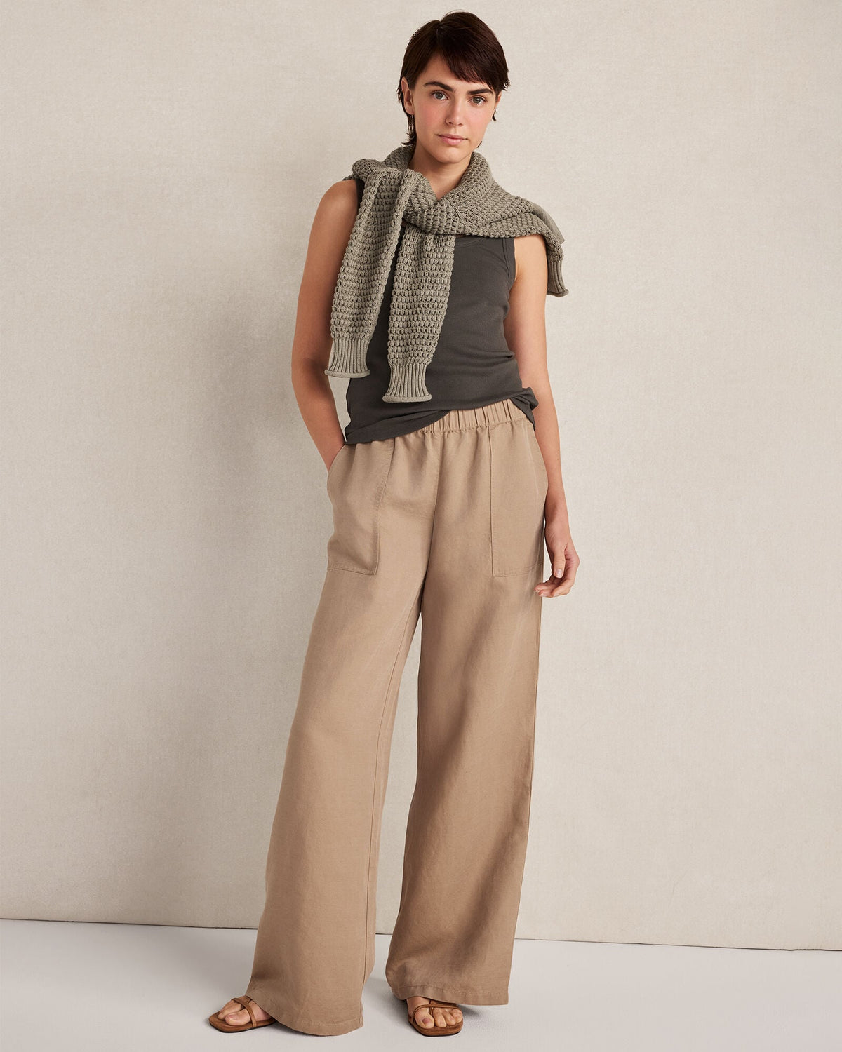 LINEN BLEND DOBBY WIDE LEG PANTS