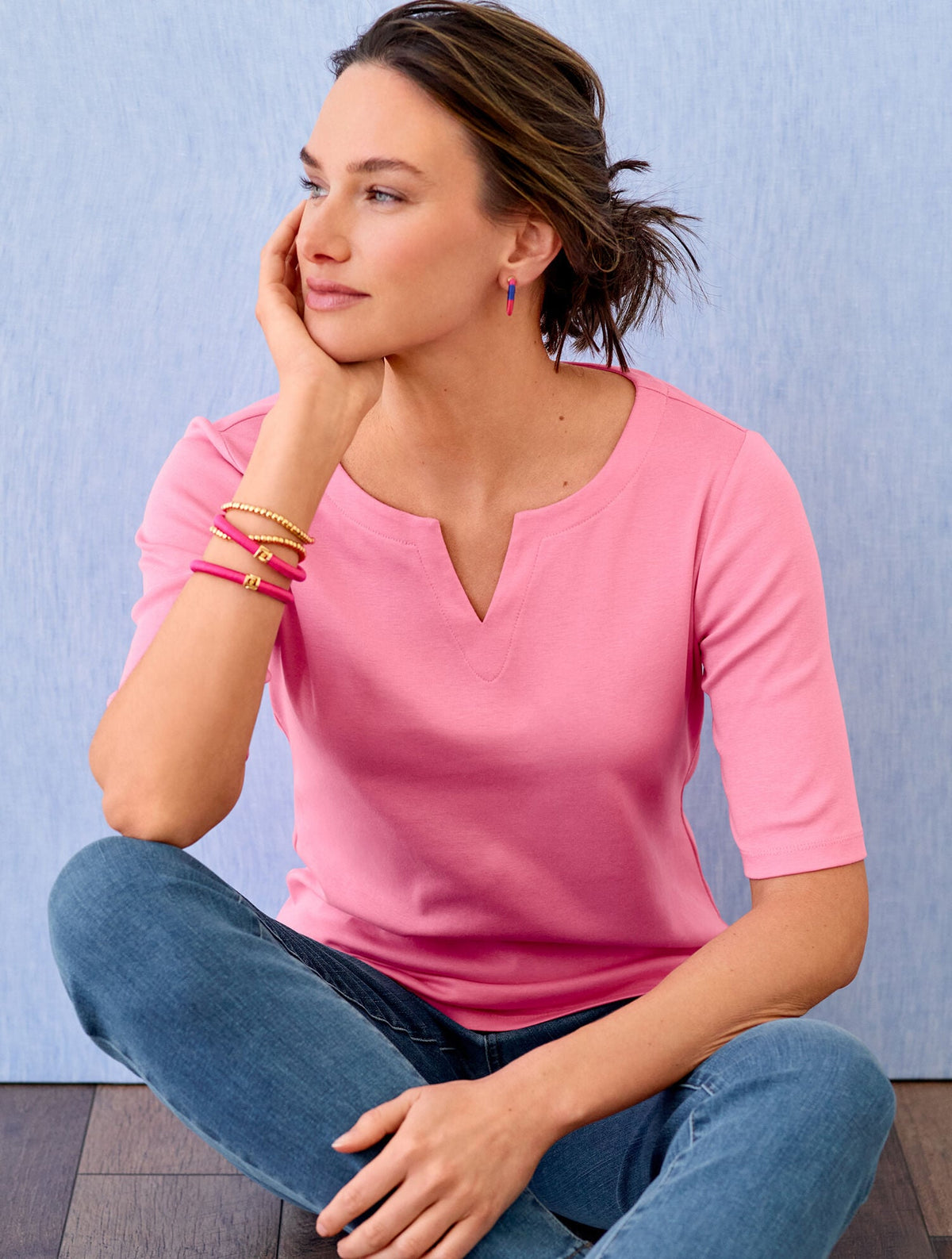 SPLIT NECK COTTON TEE - SOLID