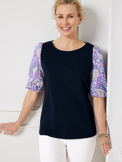 WOVEN SLEEVE CREWNECK TEE - DITSY