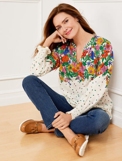 BLISSFUL FLORAL SMOCKED CUFF BLOUSE