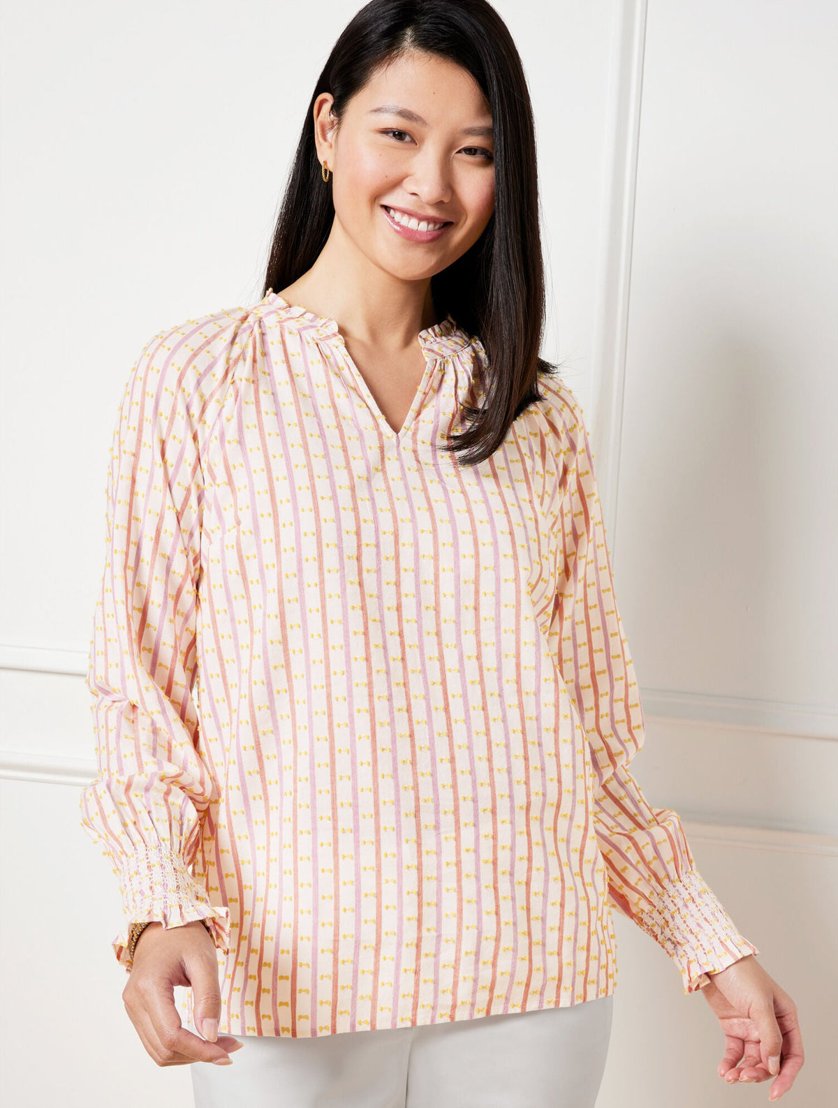 JACQUARD STRIPE SMOCKED CUFF BLOUSE