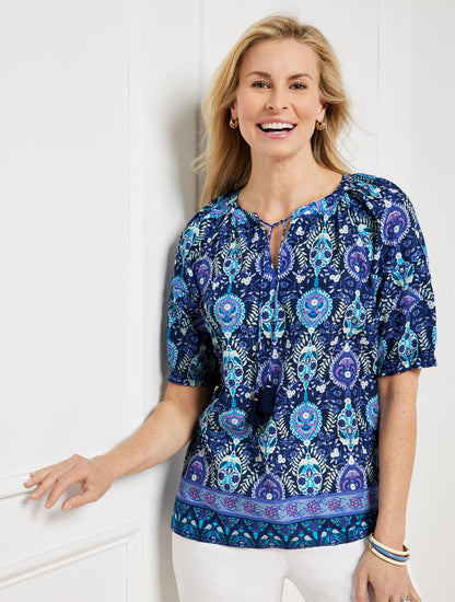 PLEATED SLEEVE TOP - FLORET MEDALLION