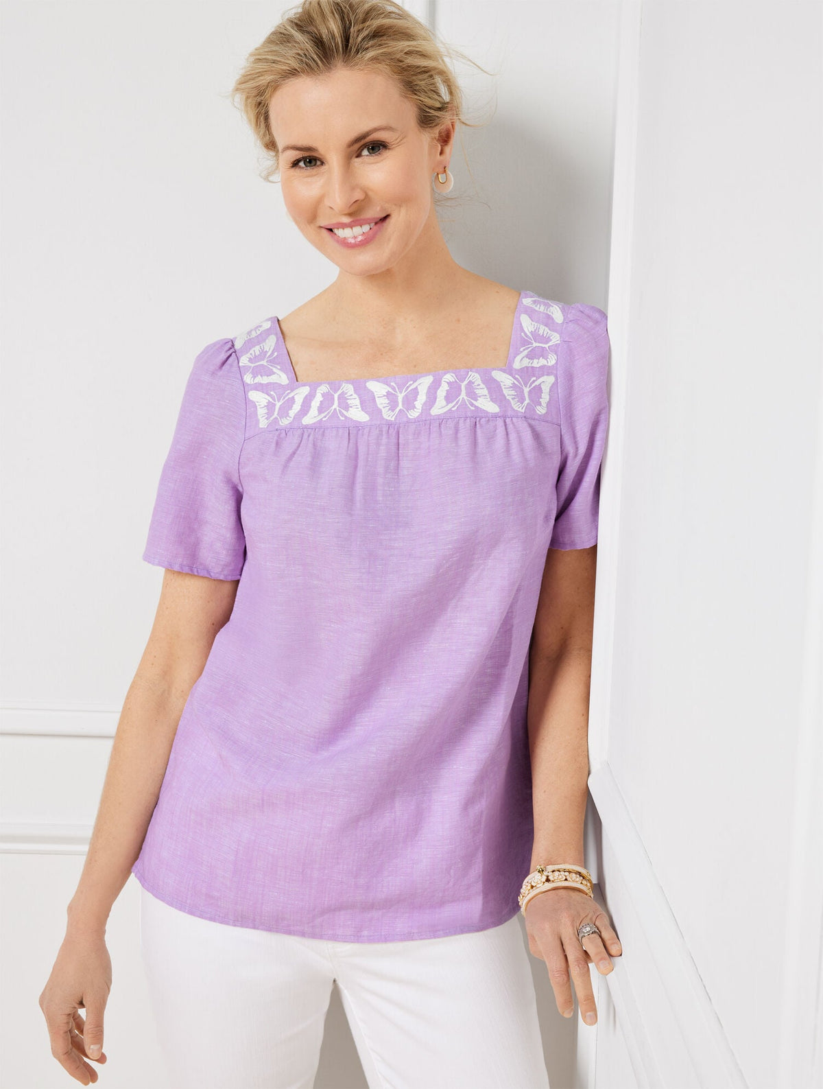 BUTTERFLY EMBROIDERED LINEN COTTON SQUARE NECK TOP - CROSS DYE