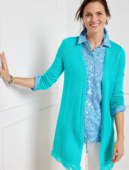 TEXTURED FRINGE OPEN FRONT CARDIGAN