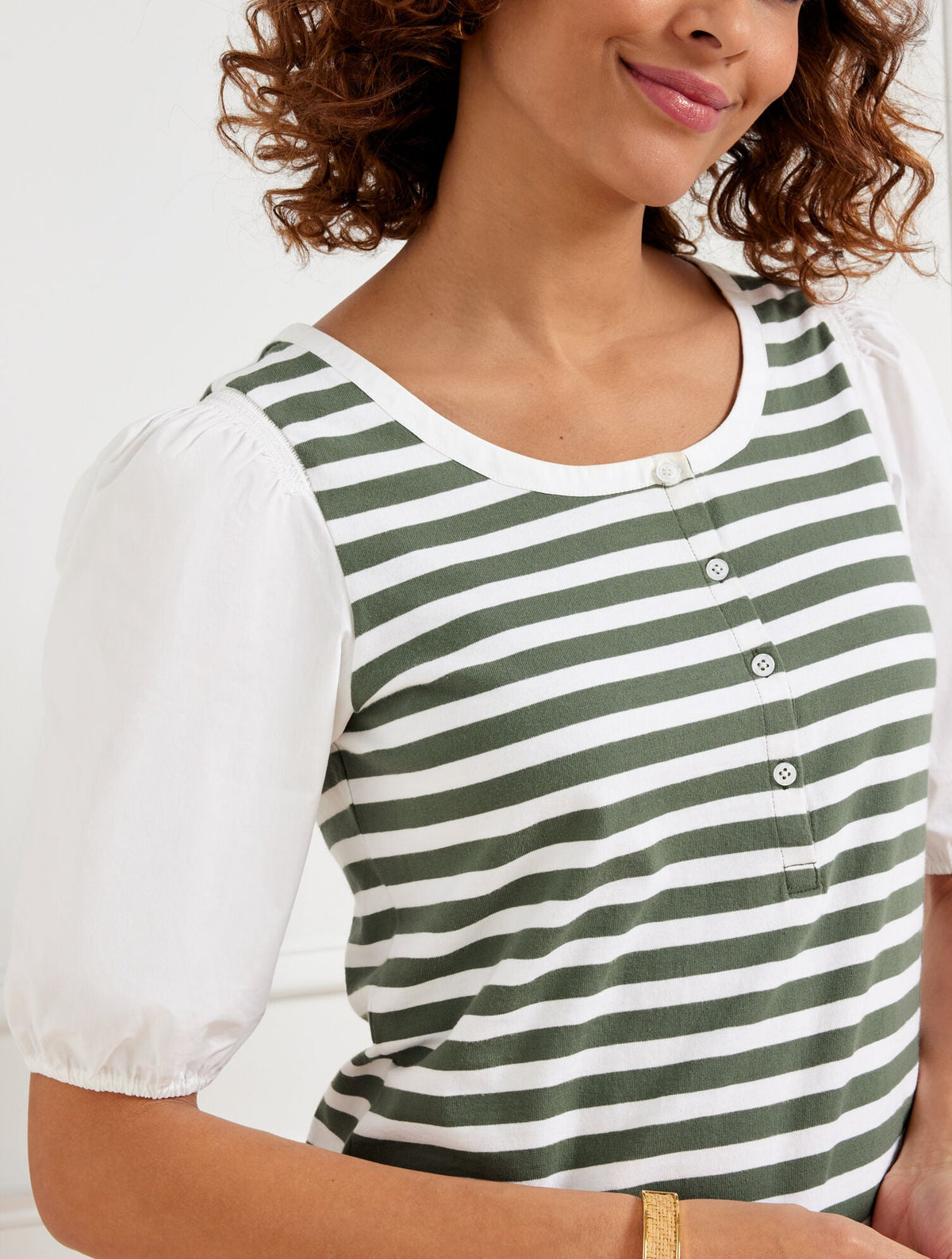 WOVEN SLEEVE HENLEY TEE - BALI STRIPE