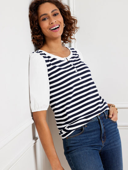 WOVEN SLEEVE HENLEY TEE - BALI STRIPE