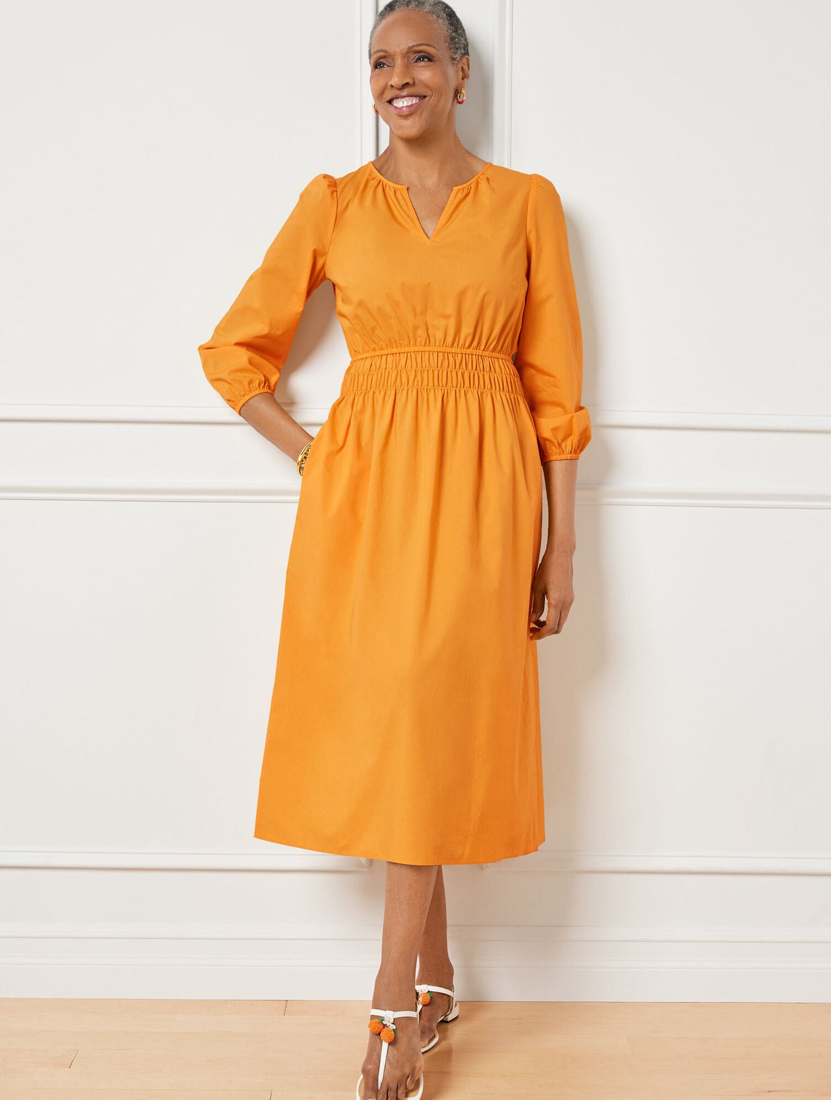 SMOCKED POPLIN MIDI DRESS
