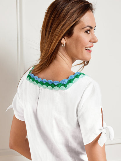 CROCHET TRIM LINEN TOP
