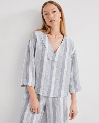 LINEN OMBRÉ STRIPE V-NECK TOP