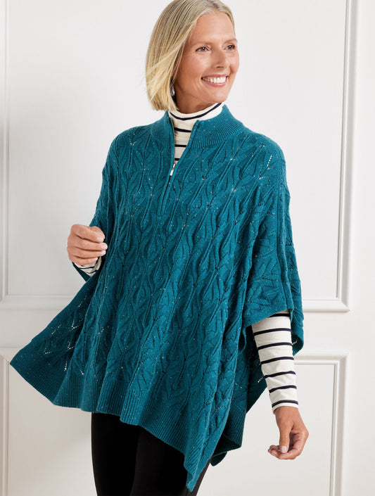 CABLE KNIT PONCHO - TEAL OCEAN TWEED