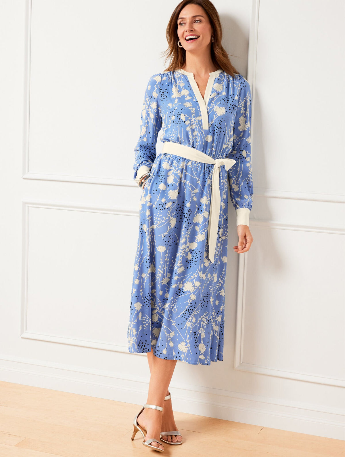 BELTED FIT & FLARE SHIRTDRESS - DANCING FLOWERS