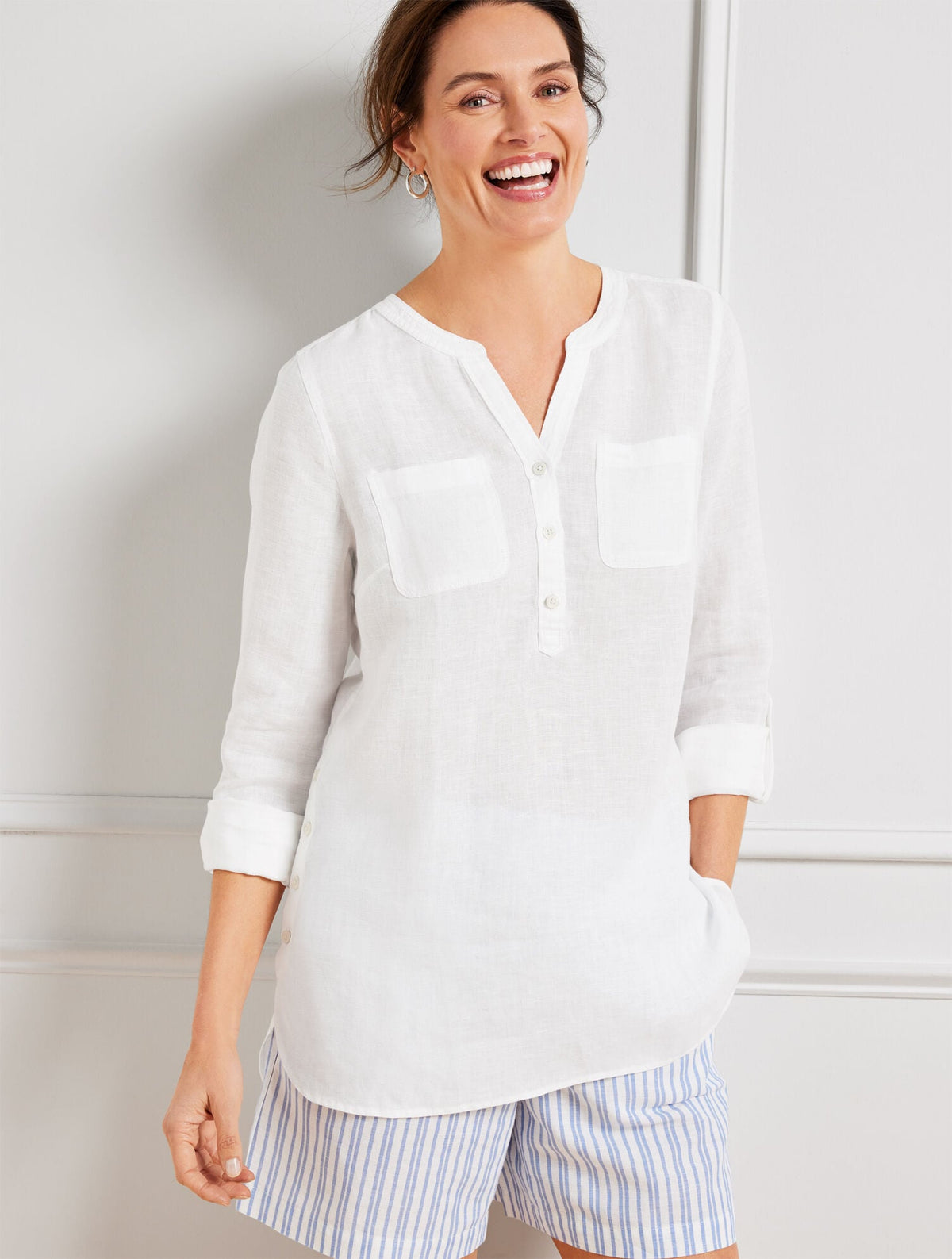 SIDE BUTTON LINEN BAND COLLAR POPOVER