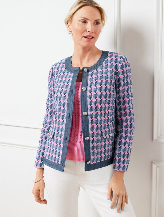 DENIM TRIM BASKET TWEED JACKET
