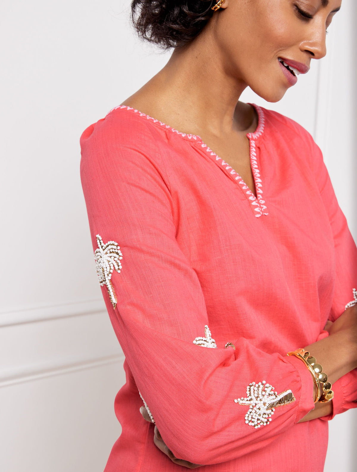 LINEN COTTON SHIFT DRESS - EMBROIDERED PALM