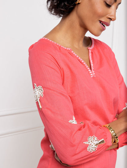 LINEN COTTON SHIFT DRESS - EMBROIDERED PALM