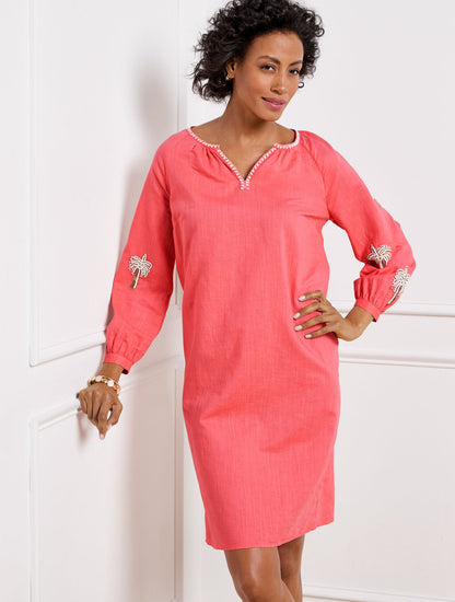 LINEN COTTON SHIFT DRESS - EMBROIDERED PALM