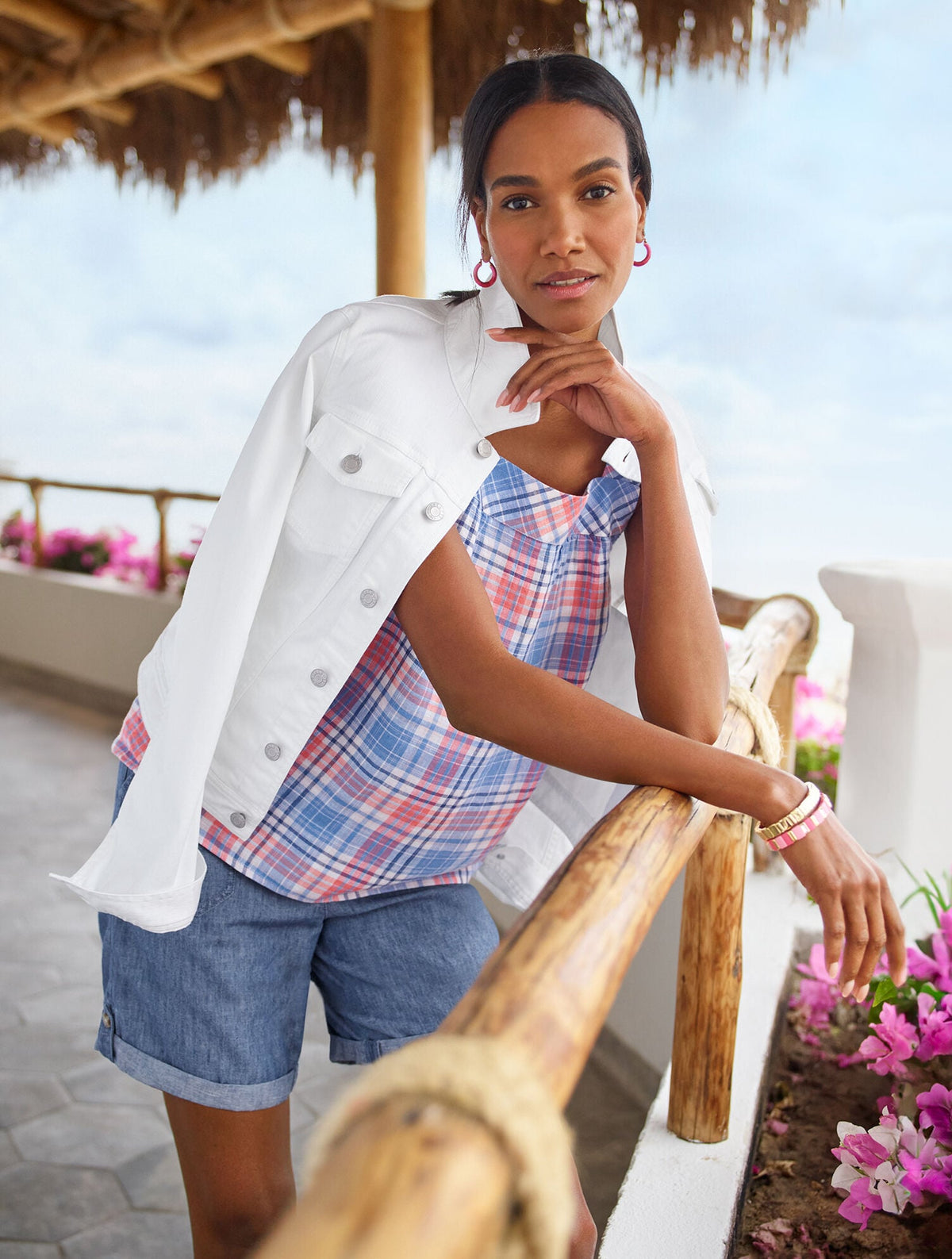 LINEN SQUARE NECK SHELL - PARADISE PLAID