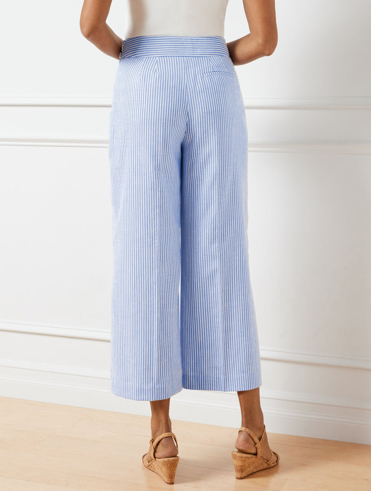 LINEN BLEND WIDE LEG CROP PANTS - SUNSET STRIPE