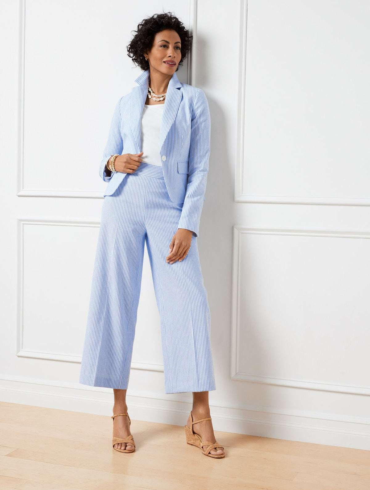 LINEN BLEND WIDE LEG CROP PANTS - SUNSET STRIPE