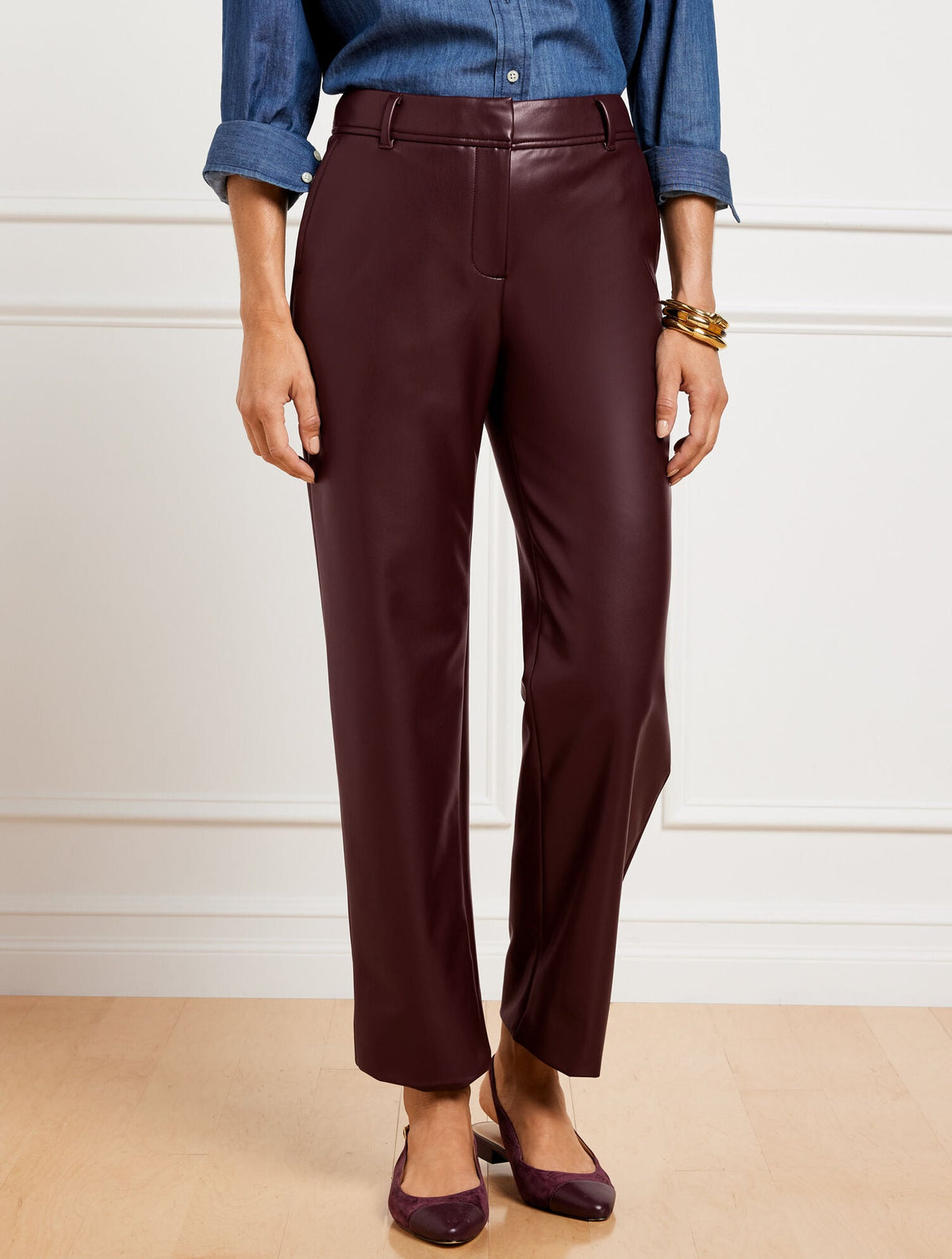 FAUX LEATHER STRAIGHT ANKLE PANTS