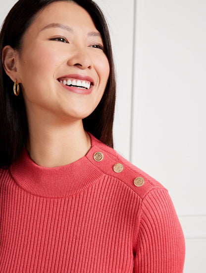 BUTTON MOCKNECK RIBBED SHIFT DRESS
