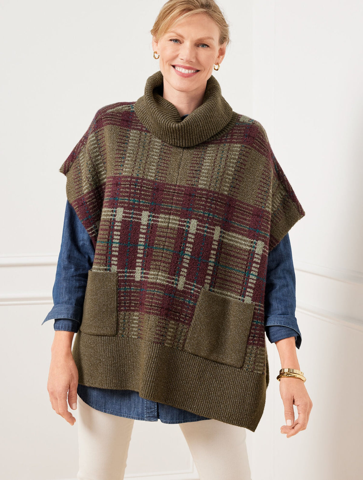PLAID TURTLENECK PONCHO