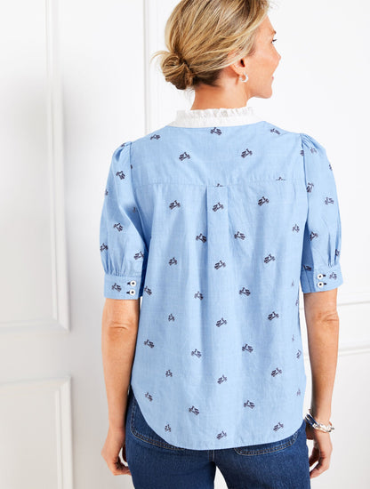 RUFFLE NECK TOP - EMBROIDERED VESPA
