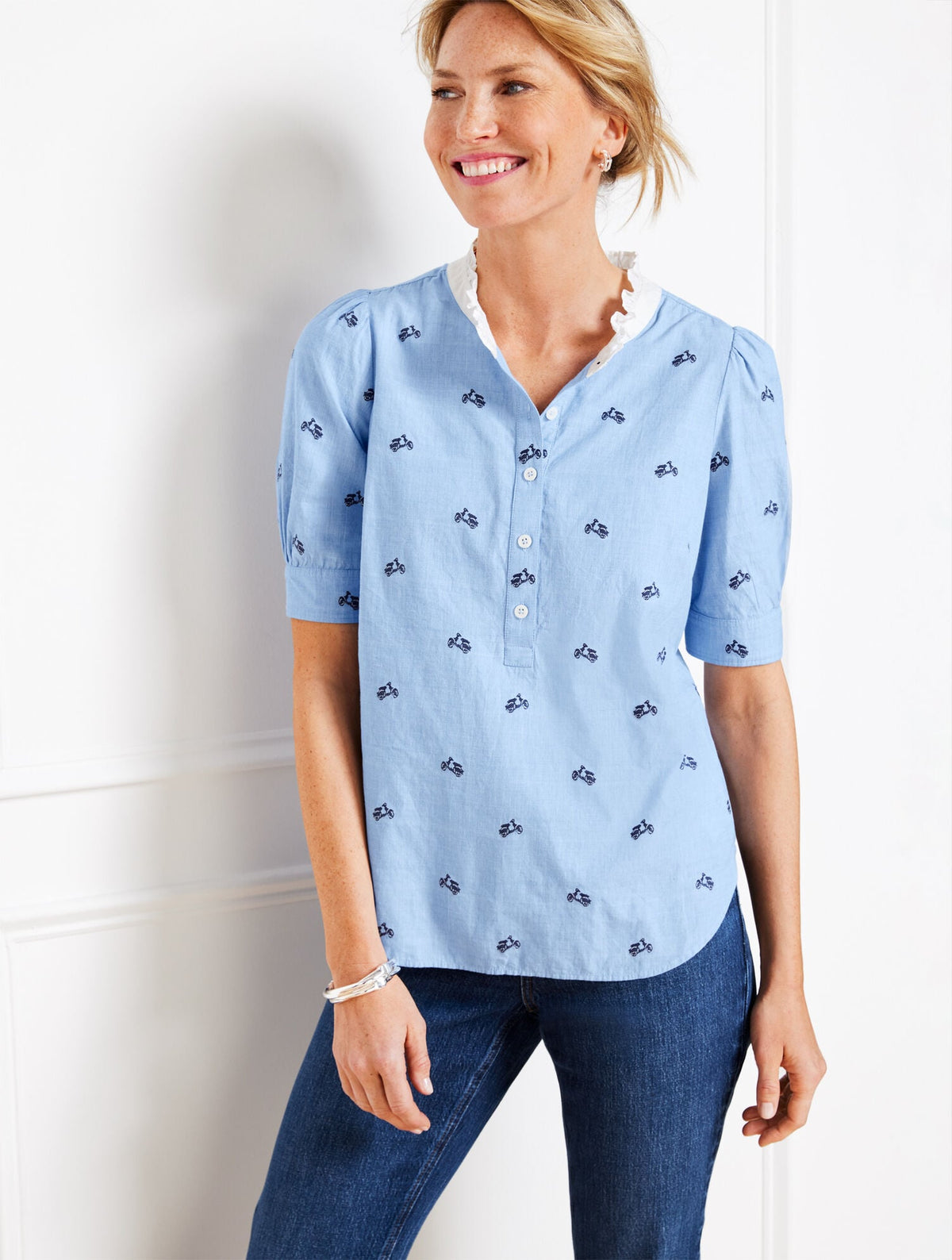 RUFFLE NECK TOP - EMBROIDERED VESPA