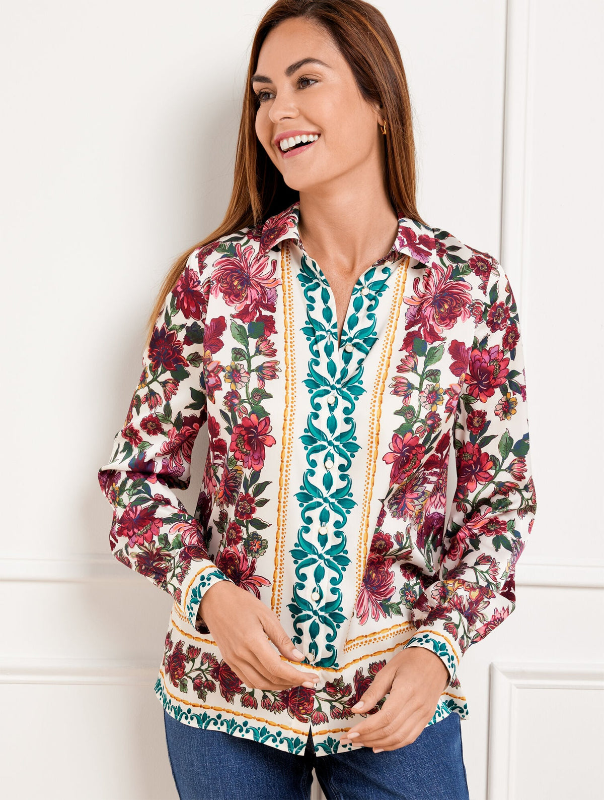 SOFT SATIN CHARMEUSE BUTTON FRONT SHIRT - STUNNING FLORAL