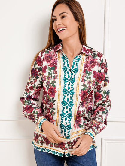 SOFT SATIN CHARMEUSE BUTTON FRONT SHIRT - STUNNING FLORAL