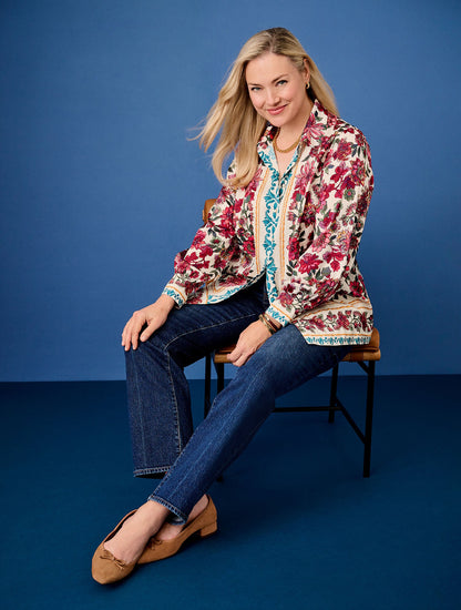 SOFT SATIN CHARMEUSE BUTTON FRONT SHIRT - STUNNING FLORAL