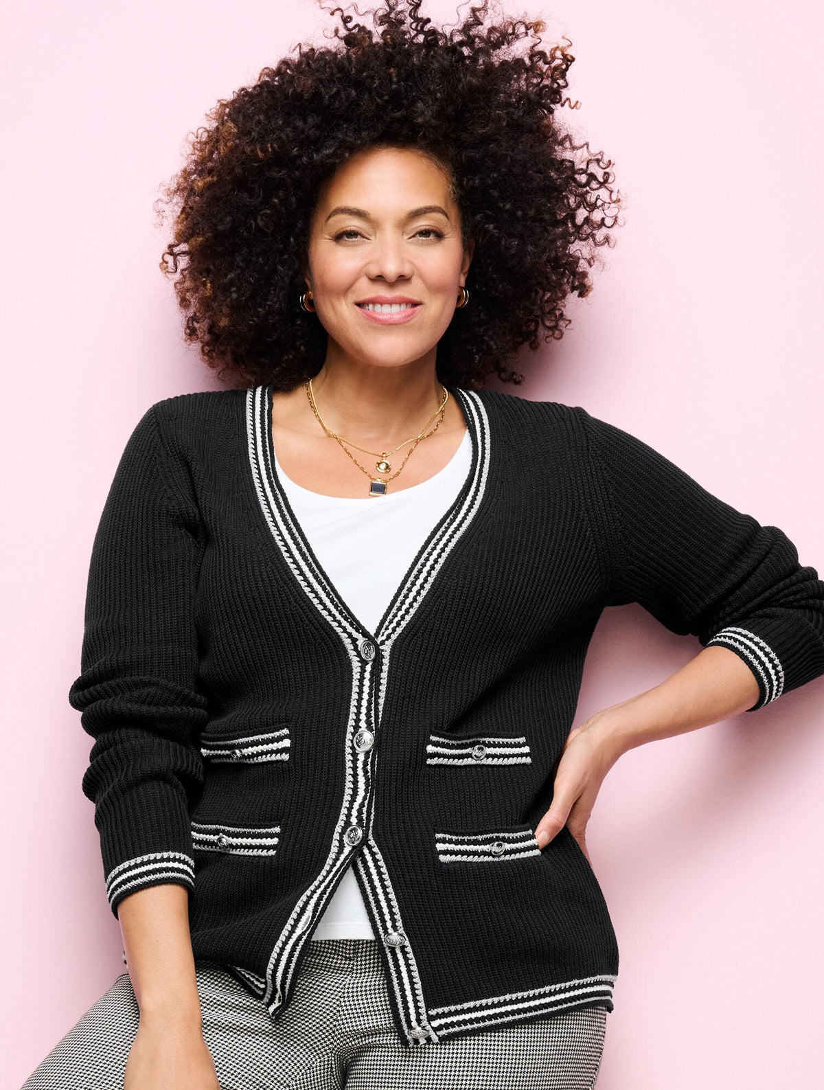 TEXTURE V-NECK CARDIGAN - TIPPED STRIPE